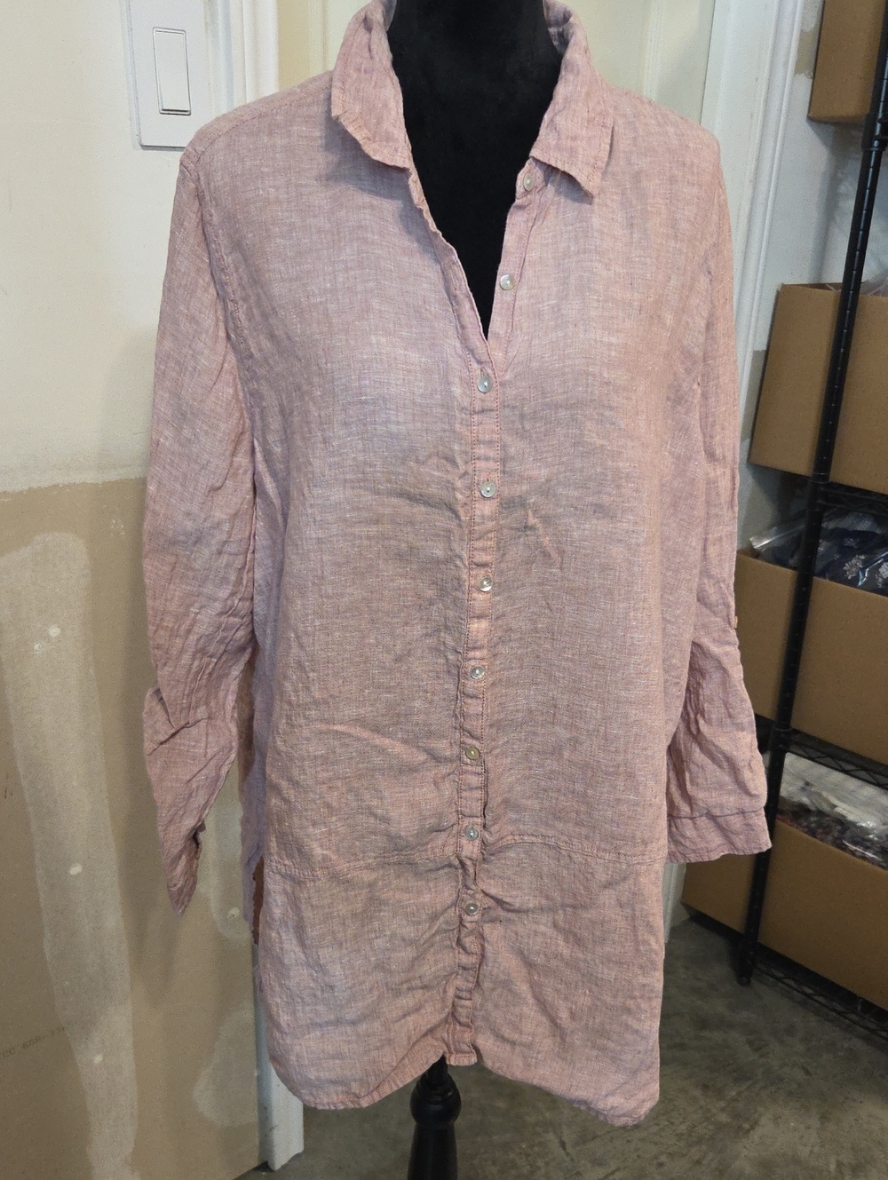 Tahari Linen Boho Button-Down Shirt Top Dusty Pink Relax Long Sleeves Lagenlook